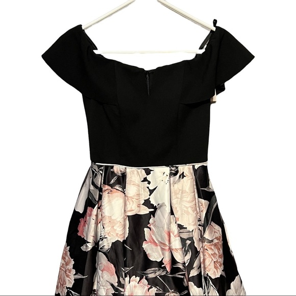 Betsy & Adam Off Shoulder Formal Dress Black Floral Flare Silhouette Pockets - Picture 4 of 14